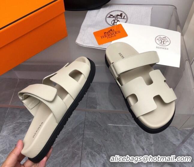 Hot Style Hermes Chypre Flat Sandals in Calfskin Light Grey 0327040