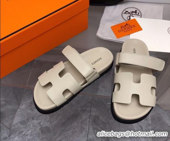 Hot Style Hermes Chypre Flat Sandals in Calfskin Light Grey 0327040