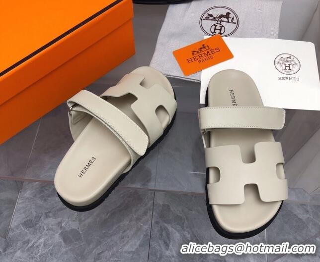 Hot Style Hermes Chypre Flat Sandals in Calfskin Light Grey 0327040