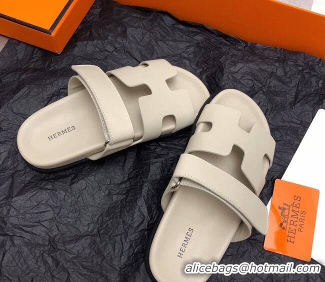 Hot Style Hermes Chypre Flat Sandals in Calfskin Light Grey 0327040