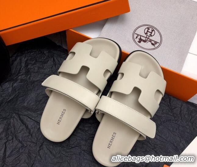 Hot Style Hermes Chypre Flat Sandals in Calfskin Light Grey 0327040