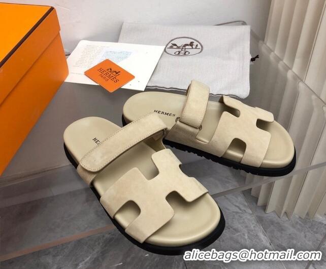 Good Quality Hermes Chypre Flat Sandals in Suede Light Beige 0327041