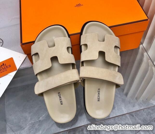 Good Quality Hermes Chypre Flat Sandals in Suede Light Beige 0327041