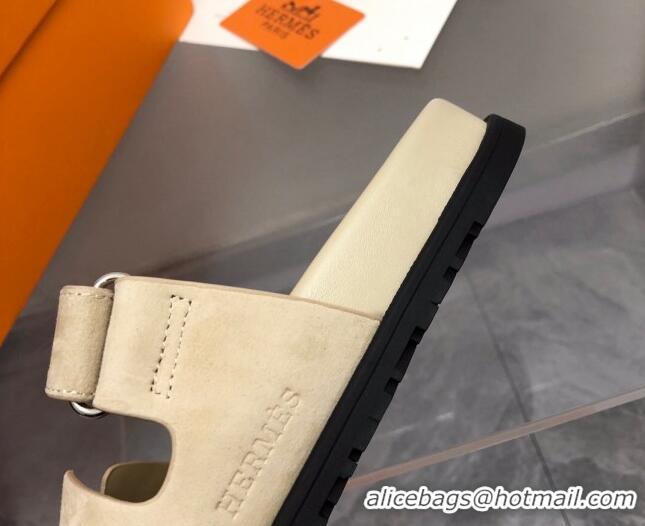 Good Quality Hermes Chypre Flat Sandals in Suede Light Beige 0327041