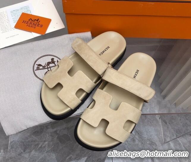 Good Quality Hermes Chypre Flat Sandals in Suede Light Beige 0327041