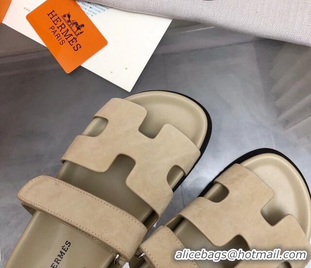 Good Quality Hermes Chypre Flat Sandals in Suede Light Beige 0327041