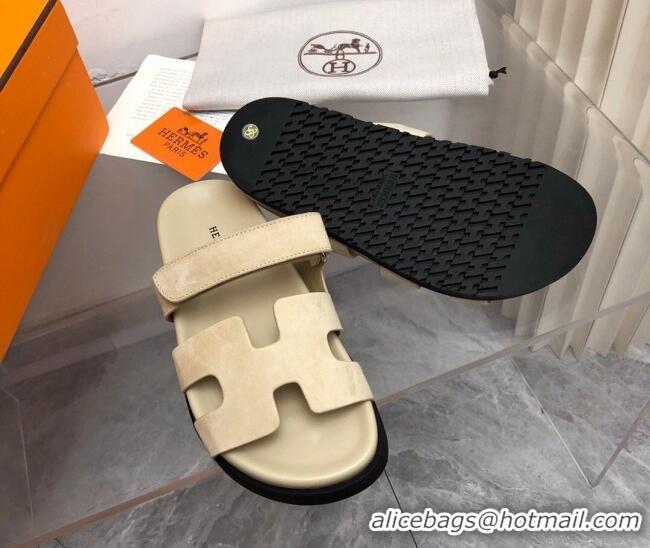 Good Quality Hermes Chypre Flat Sandals in Suede Light Beige 0327041