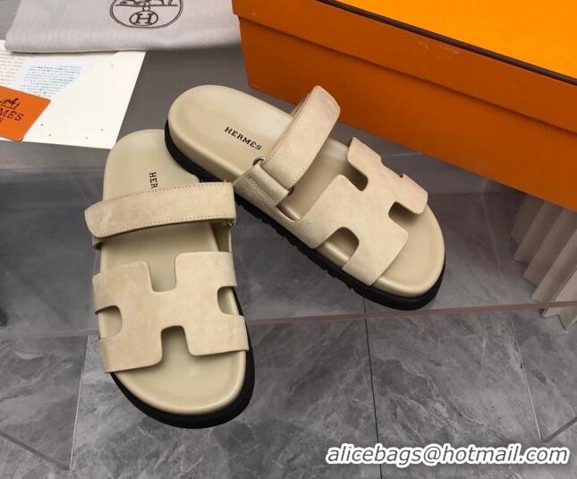 Good Quality Hermes Chypre Flat Sandals in Suede Light Beige 0327041