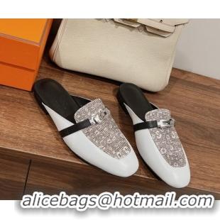 Classic Hot Hermes OZ Mules in Smooth Calfskin White/Grey 041801