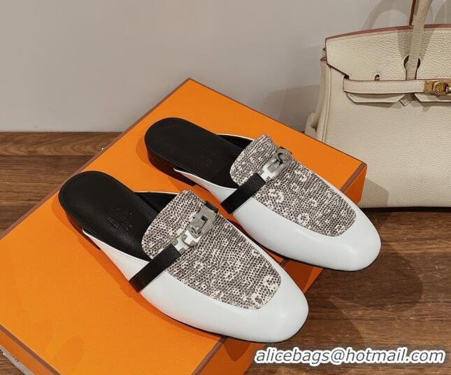 Classic Hot Hermes OZ Mules in Smooth Calfskin White/Grey 041801