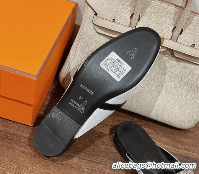 Classic Hot Hermes OZ Mules in Smooth Calfskin White/Grey 041801