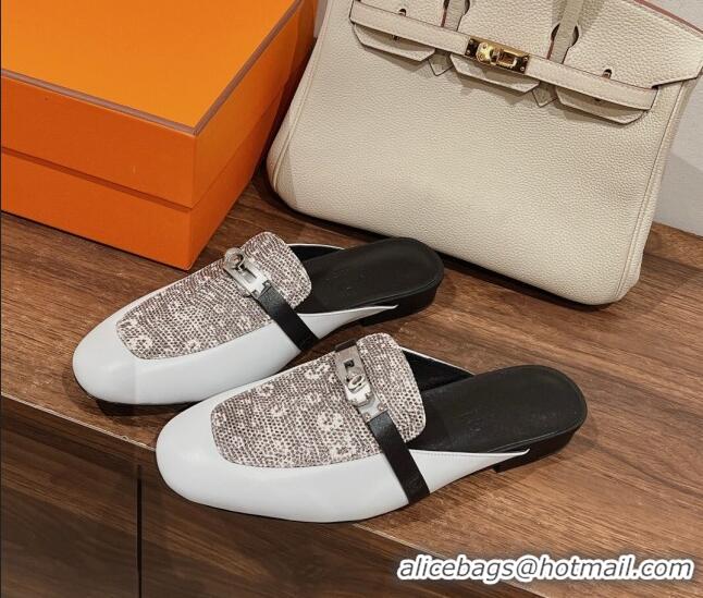 Classic Hot Hermes OZ Mules in Smooth Calfskin White/Grey 041801