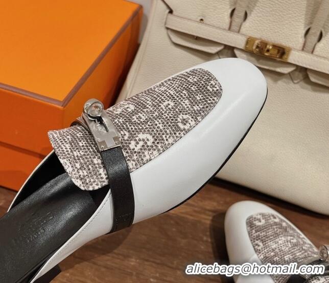 Classic Hot Hermes OZ Mules in Smooth Calfskin White/Grey 041801