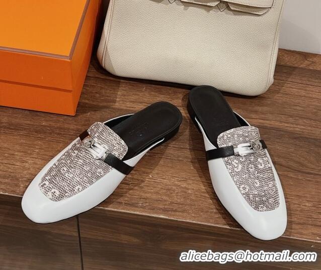 Classic Hot Hermes OZ Mules in Smooth Calfskin White/Grey 041801