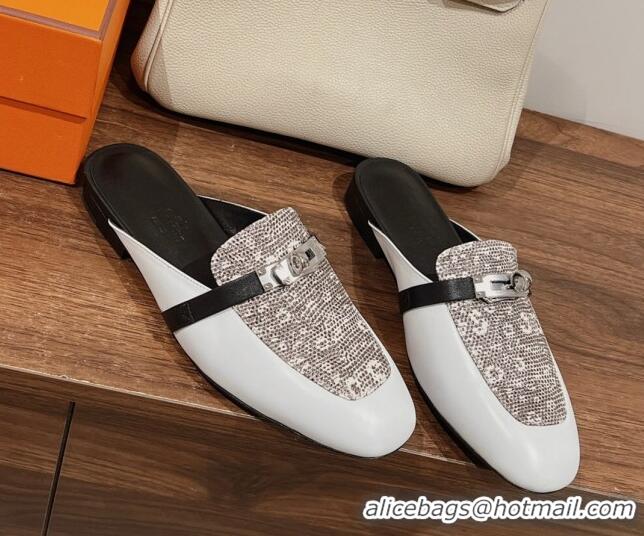 Classic Hot Hermes OZ Mules in Smooth Calfskin White/Grey 041801