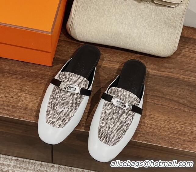 Classic Hot Hermes OZ Mules in Smooth Calfskin White/Grey 041801