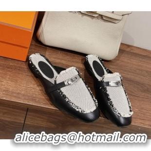 Stylish Hermes OZ Mules in Smooth Calfskin and Canvas Black 041802