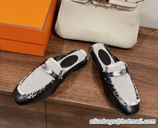 Stylish Hermes OZ Mules in Smooth Calfskin and Canvas Black 041802