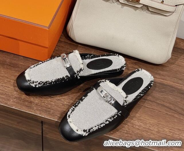 Stylish Hermes OZ Mules in Smooth Calfskin and Canvas Black 041802