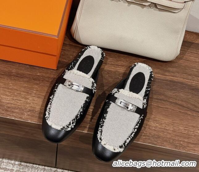 Stylish Hermes OZ Mules in Smooth Calfskin and Canvas Black 041802