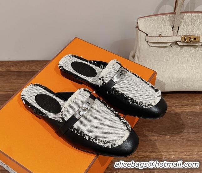 Stylish Hermes OZ Mules in Smooth Calfskin and Canvas Black 041802