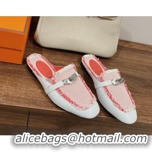 Best Price Hermes OZ Mules in Smooth Calfskin and Canvas White/Pink 041803