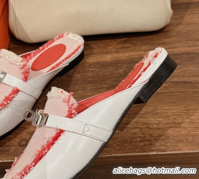 Best Price Hermes OZ Mules in Smooth Calfskin and Canvas White/Pink 041803