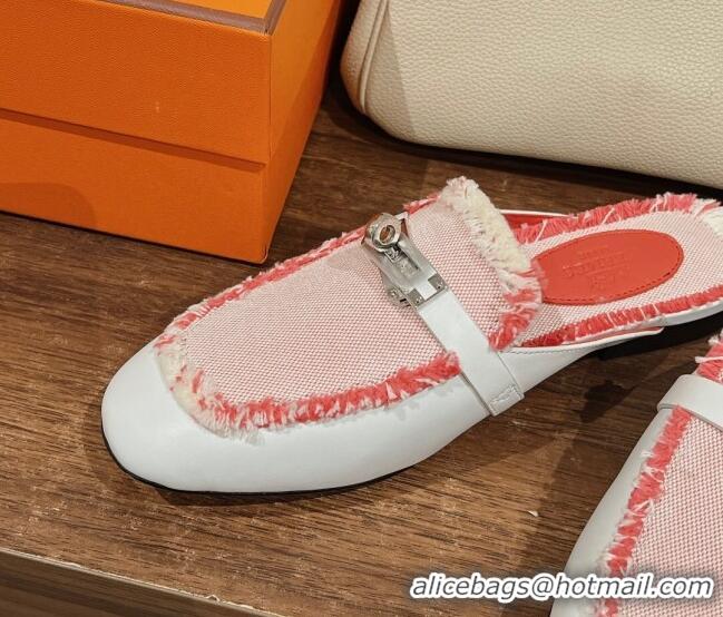 Best Price Hermes OZ Mules in Smooth Calfskin and Canvas White/Pink 041803