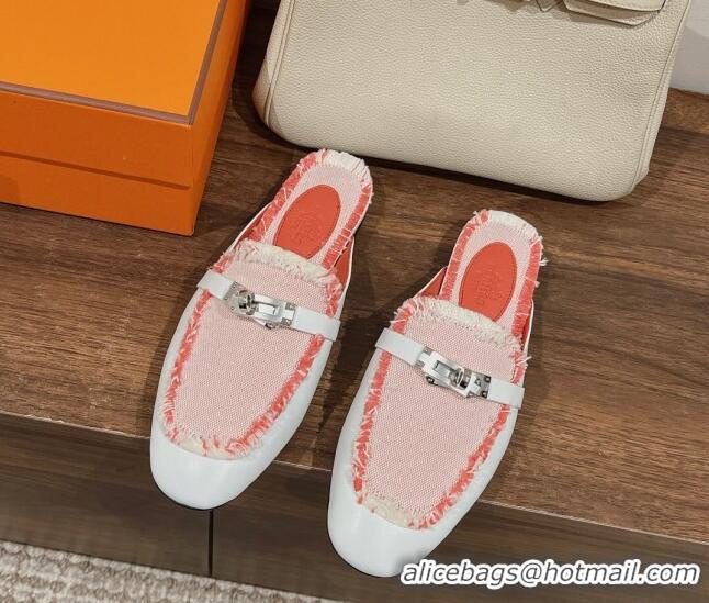 Best Price Hermes OZ Mules in Smooth Calfskin and Canvas White/Pink 041803