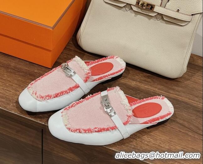 Best Price Hermes OZ Mules in Smooth Calfskin and Canvas White/Pink 041803