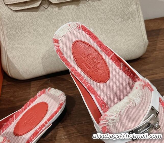 Best Price Hermes OZ Mules in Smooth Calfskin and Canvas White/Pink 041803