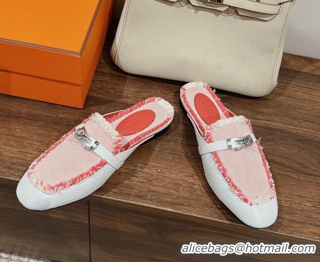 Best Price Hermes OZ Mules in Smooth Calfskin and Canvas White/Pink 041803