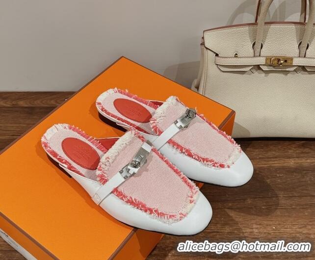 Best Price Hermes OZ Mules in Smooth Calfskin and Canvas White/Pink 041803