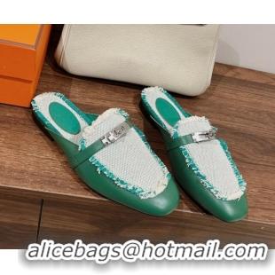 Best Grade Hermes OZ Mules in Smooth Calfskin and Canvas Green 041805