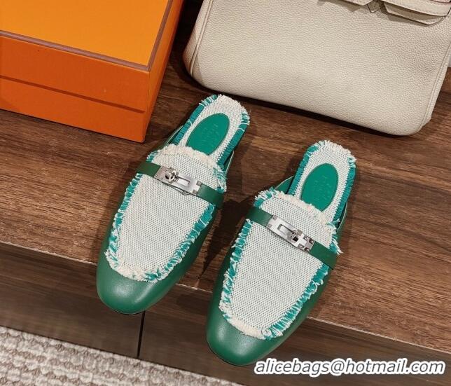 Best Grade Hermes OZ Mules in Smooth Calfskin and Canvas Green 041805