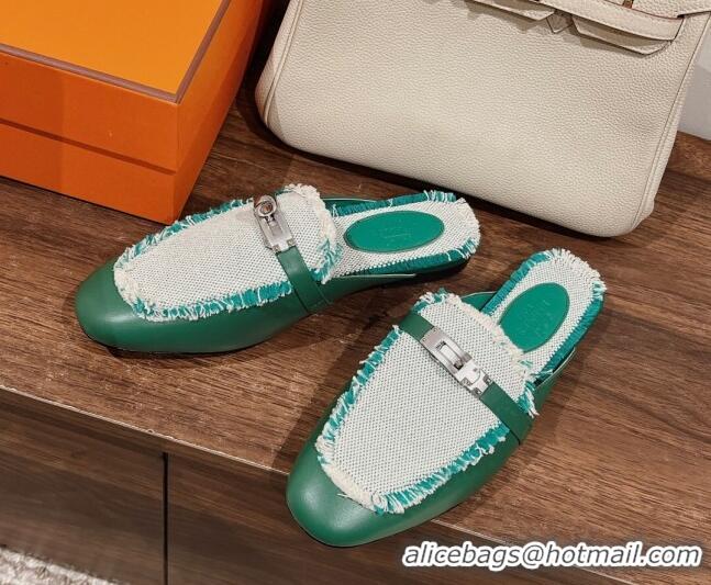 Best Grade Hermes OZ Mules in Smooth Calfskin and Canvas Green 041805