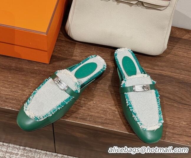 Best Grade Hermes OZ Mules in Smooth Calfskin and Canvas Green 041805