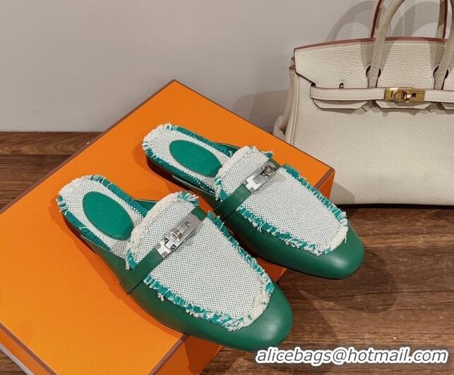 Best Grade Hermes OZ Mules in Smooth Calfskin and Canvas Green 041805