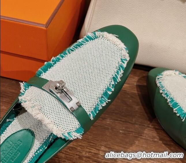 Best Grade Hermes OZ Mules in Smooth Calfskin and Canvas Green 041805