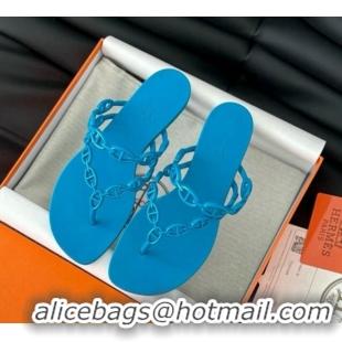 Good Looking Hermes TPU Island Flat Slide Thong Sandals Blue 425088