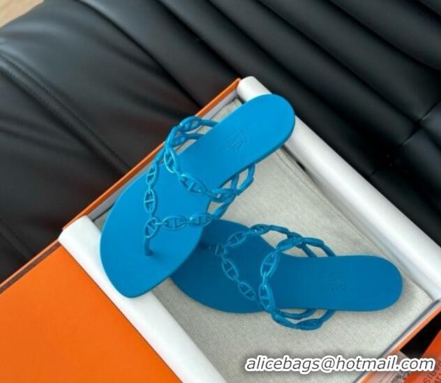 Good Looking Hermes TPU Island Flat Slide Thong Sandals Blue 425088