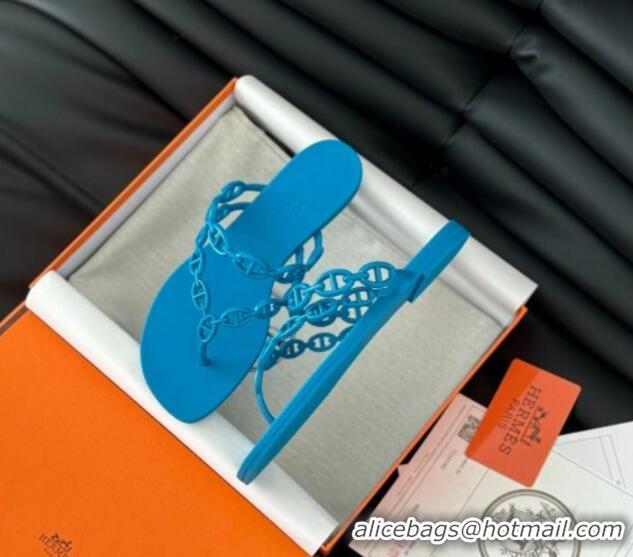 Good Looking Hermes TPU Island Flat Slide Thong Sandals Blue 425088