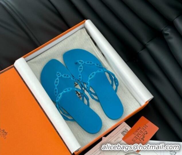 Good Looking Hermes TPU Island Flat Slide Thong Sandals Blue 425088