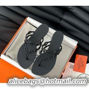 Sophisticated Hermes TPU Island Flat Slide Thong Sandals Black 425089