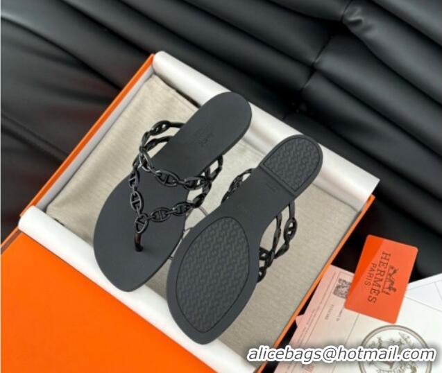 Sophisticated Hermes TPU Island Flat Slide Thong Sandals Black 425089