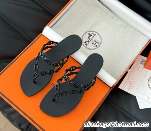 Sophisticated Hermes TPU Island Flat Slide Thong Sandals Black 425089