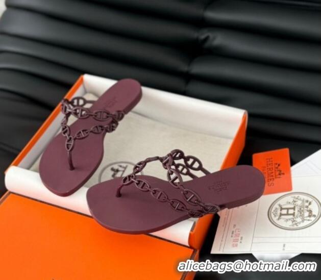 Grade Quality Hermes TPU Island Flat Slide Thong Sandals Burgundy 425091