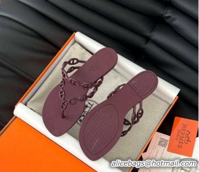 Grade Quality Hermes TPU Island Flat Slide Thong Sandals Burgundy 425091