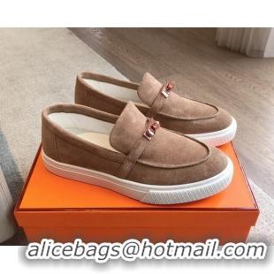 Good Product Hermes Game Suede Slip-on Sneakers with Kelly Buckle Light Brown 425096