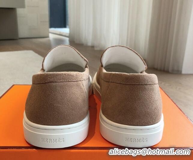 Good Product Hermes Game Suede Slip-on Sneakers with Kelly Buckle Light Brown 425096